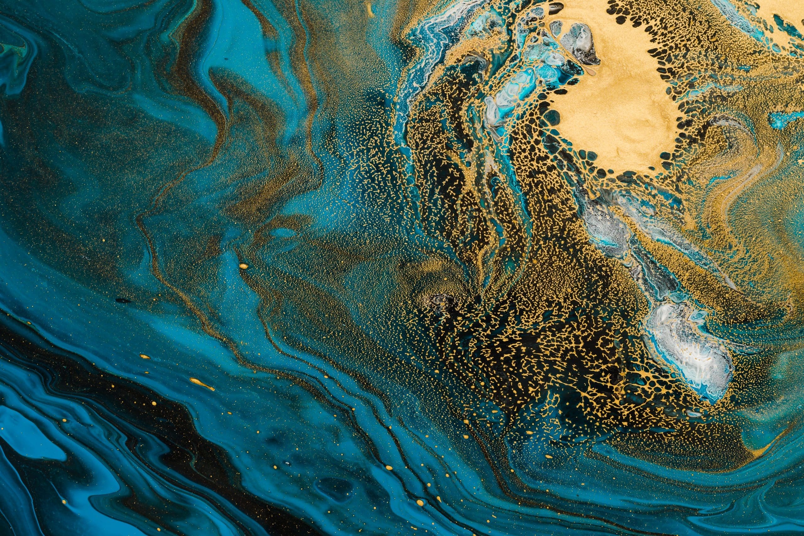 Acrylic Fluid Art. Blue Waves And Gold Inclusion. Abstract Stone Background Or Texture