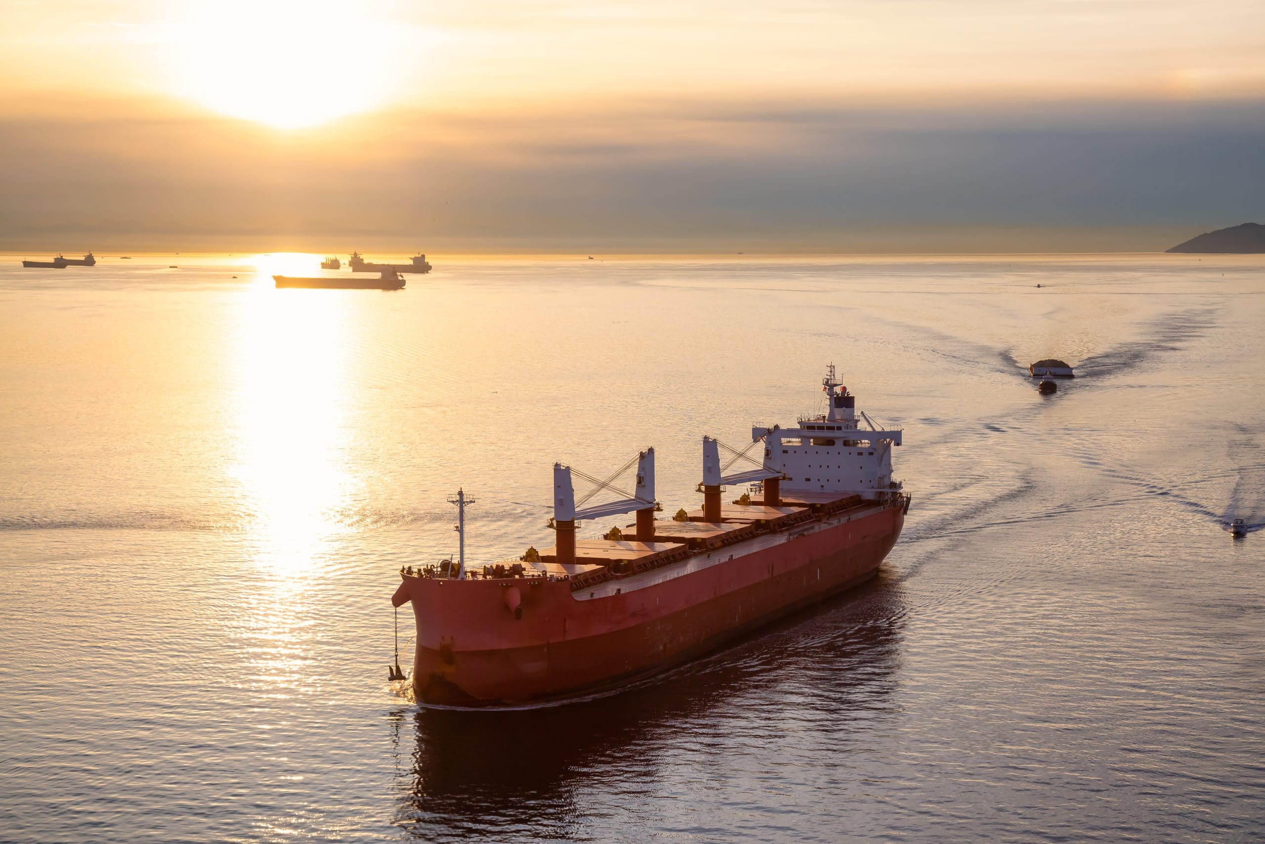 Aerial View From Above Of A Cargo Ship Arriving To The Port